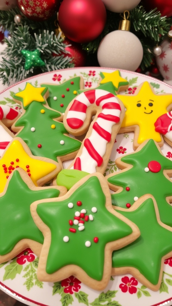 A variety of decorated Christmas cookies in festive shapes on a plate.